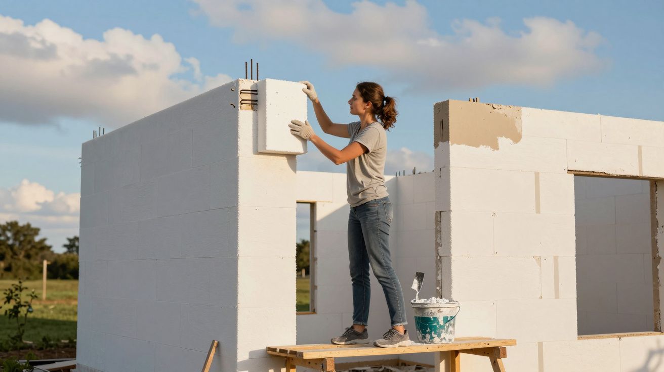 Mulher jovem a construir parede branca com blocos de construção brancos em ambiente exterior.