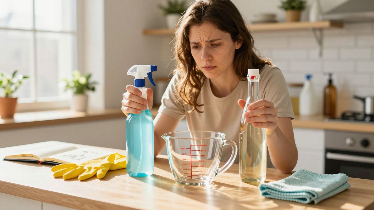 Mulher a decidir entre dois produtos de limpeza numa cozinha iluminada, com luvas e pano à frente.