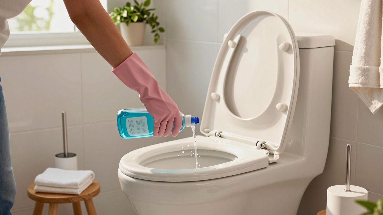 Pessoa a limpar sanitário branco com líquido azul, usando luvas cor-de-rosa num banheiro iluminado.