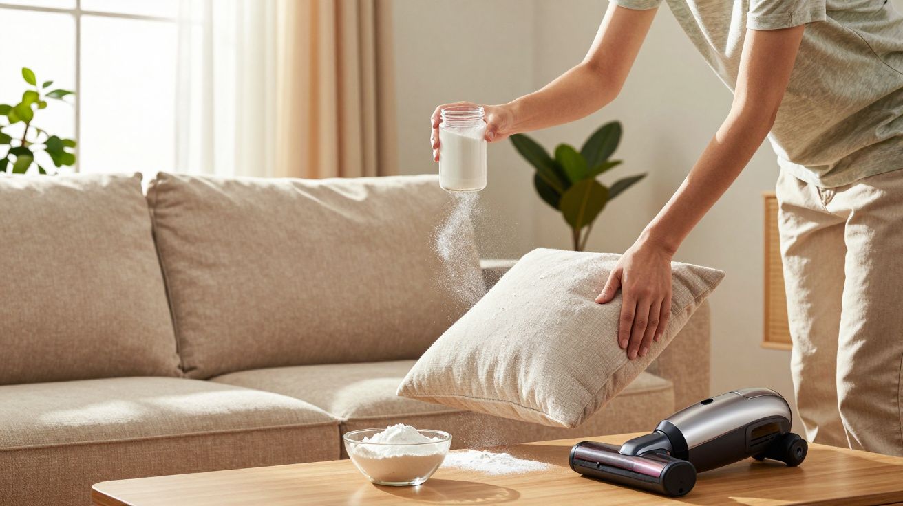 Pessoa a polvilhar pó sobre almofada junto a sofá e aspirador numa sala iluminada e confortável.