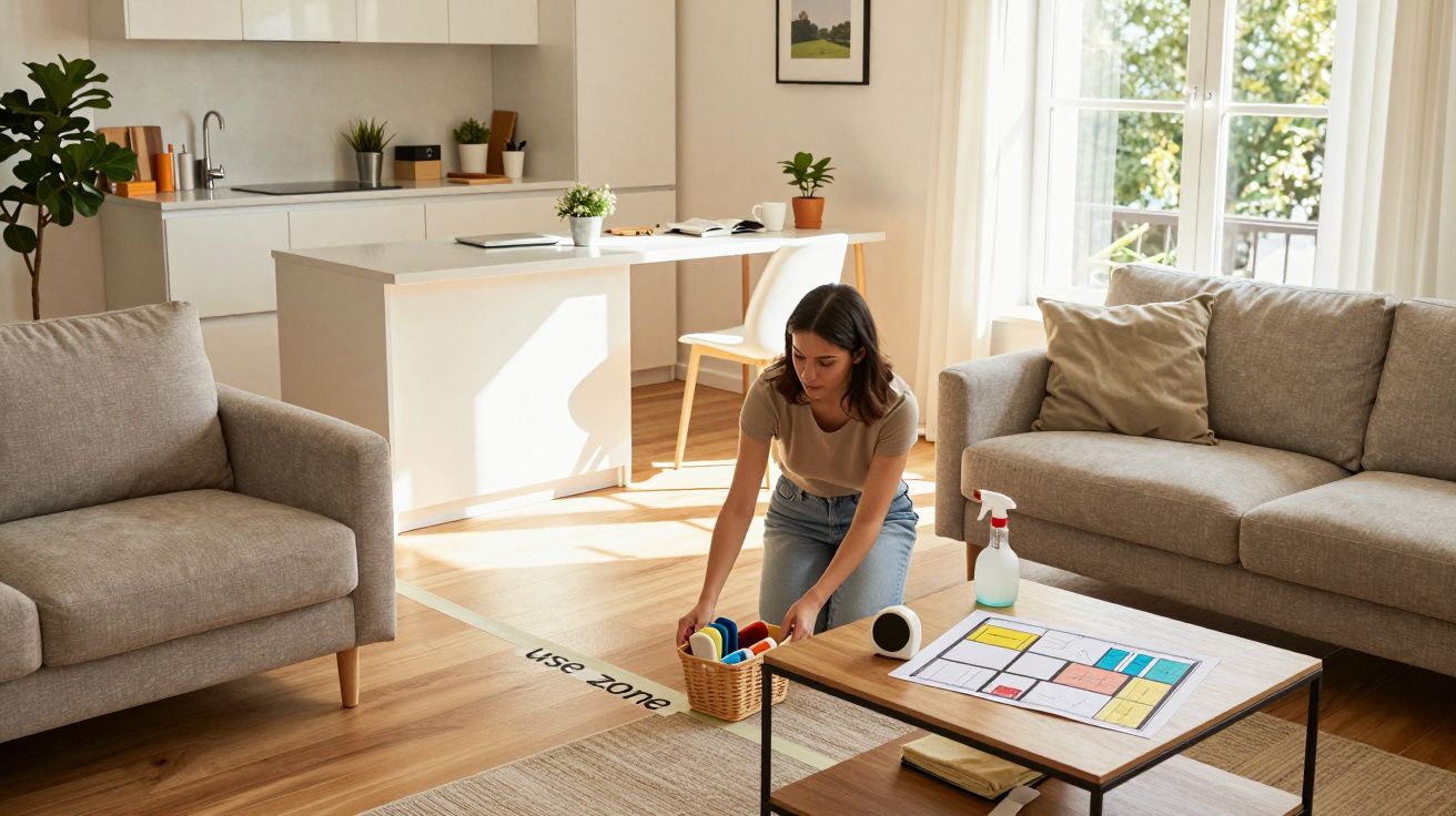 Mulher organiza itens numa sala de estar luminosa com sofás cinzentos e mesa de centro.
