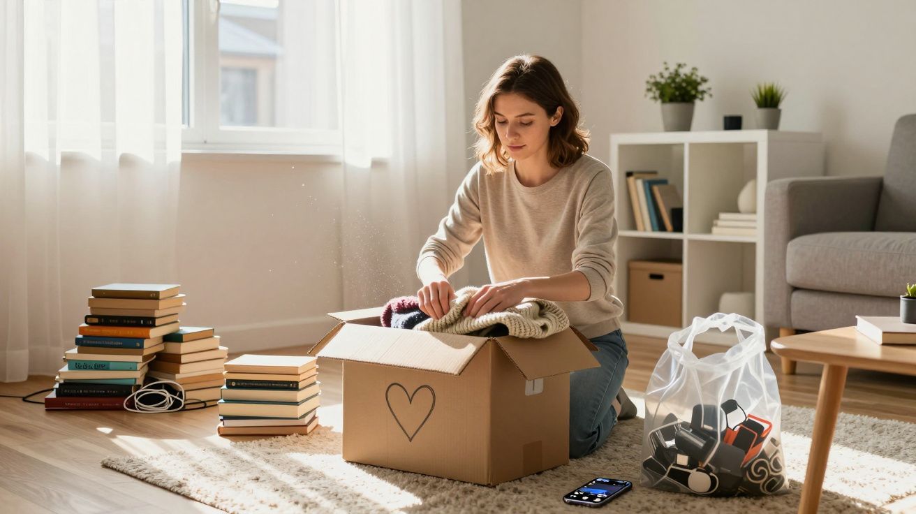 Mulher a embalar roupas numa caixa de cartão com coração, rodeada por livros, em sala iluminada.