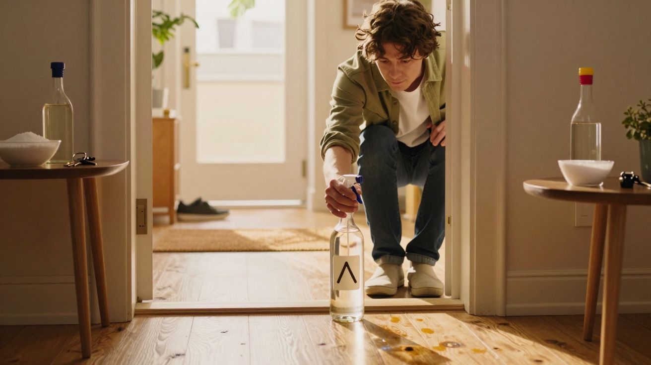 Homem agachado a limpar derrame de líquido no chão de madeira numa entrada de casa.