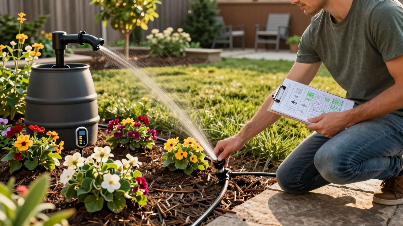 Homem ajusta sistema de rega automática num jardim com flores coloridas num dia ensolarado.