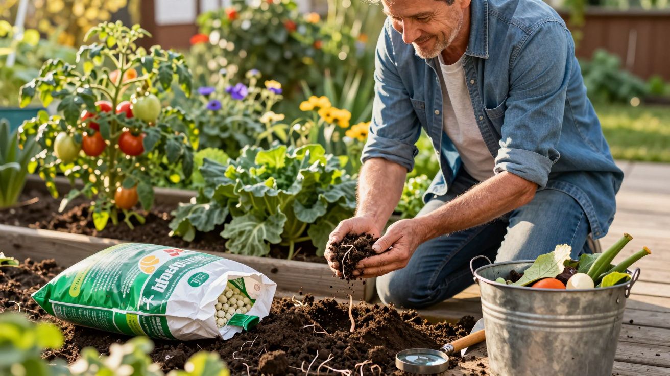 Homem a cuidar da terra numa horta com legumes frescos e plantas a crescer em canteiros.