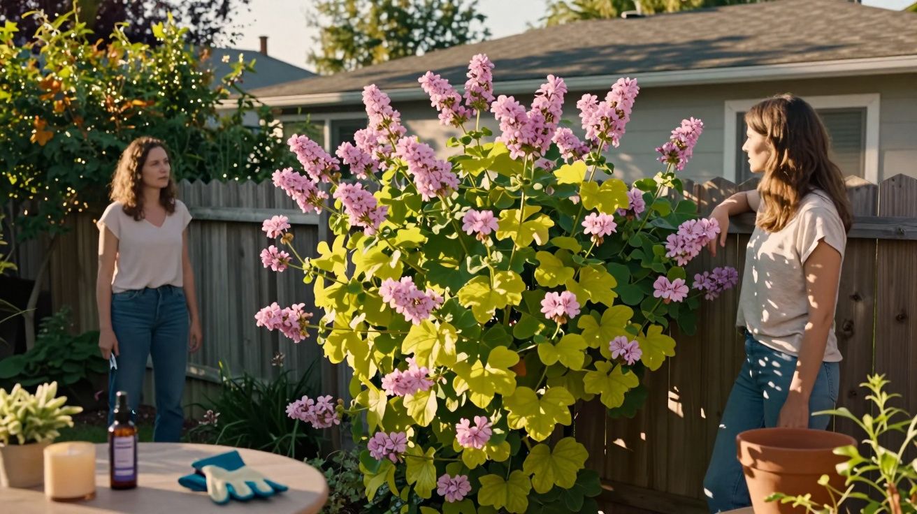 Duas mulheres no jardim a conversar perto de arbusto com flores cor-de-rosa e folhagem verde.