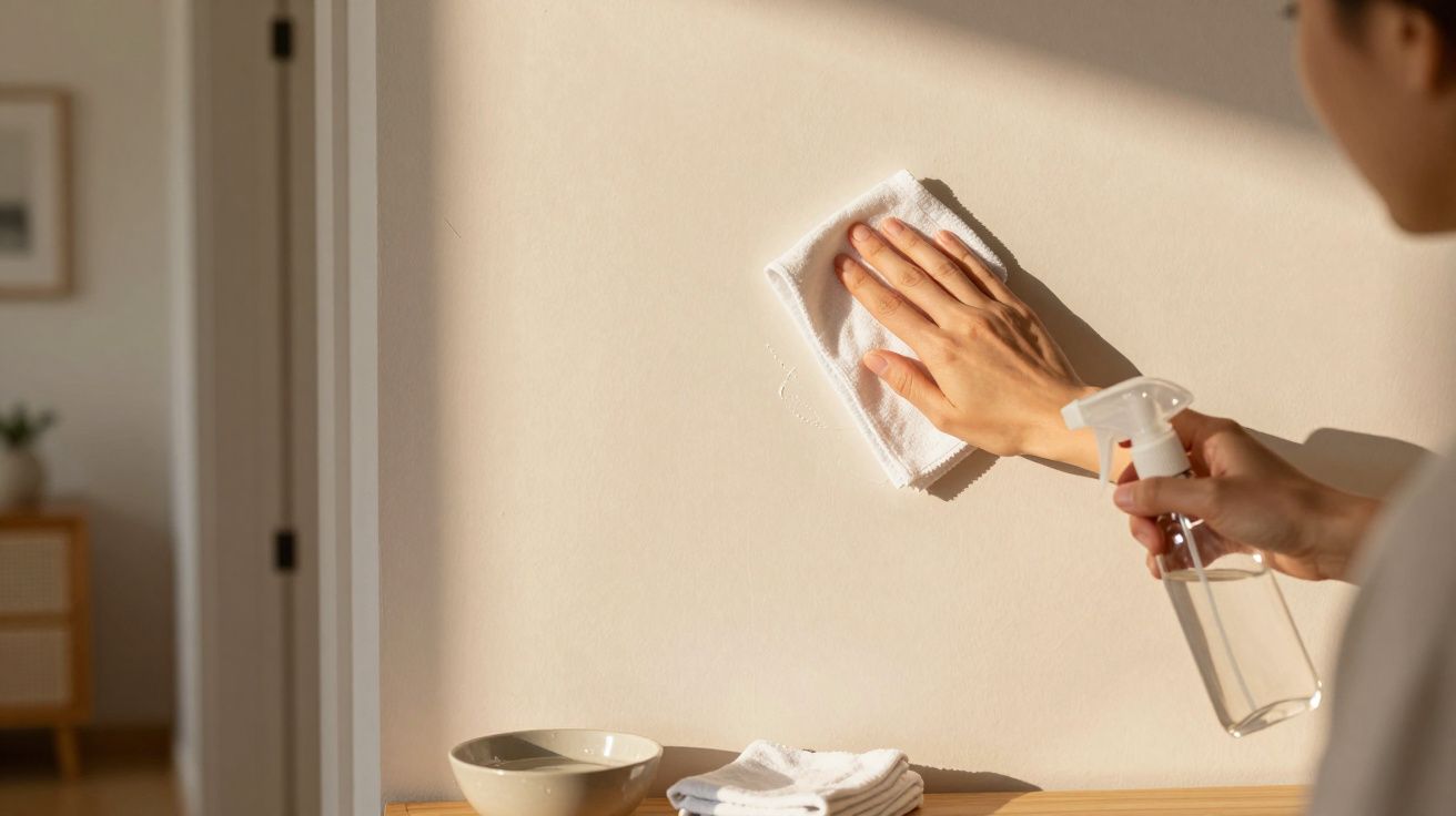 Pessoa a limpar parede clara com pano branco e pulverizador transparente numa divisão iluminada.
