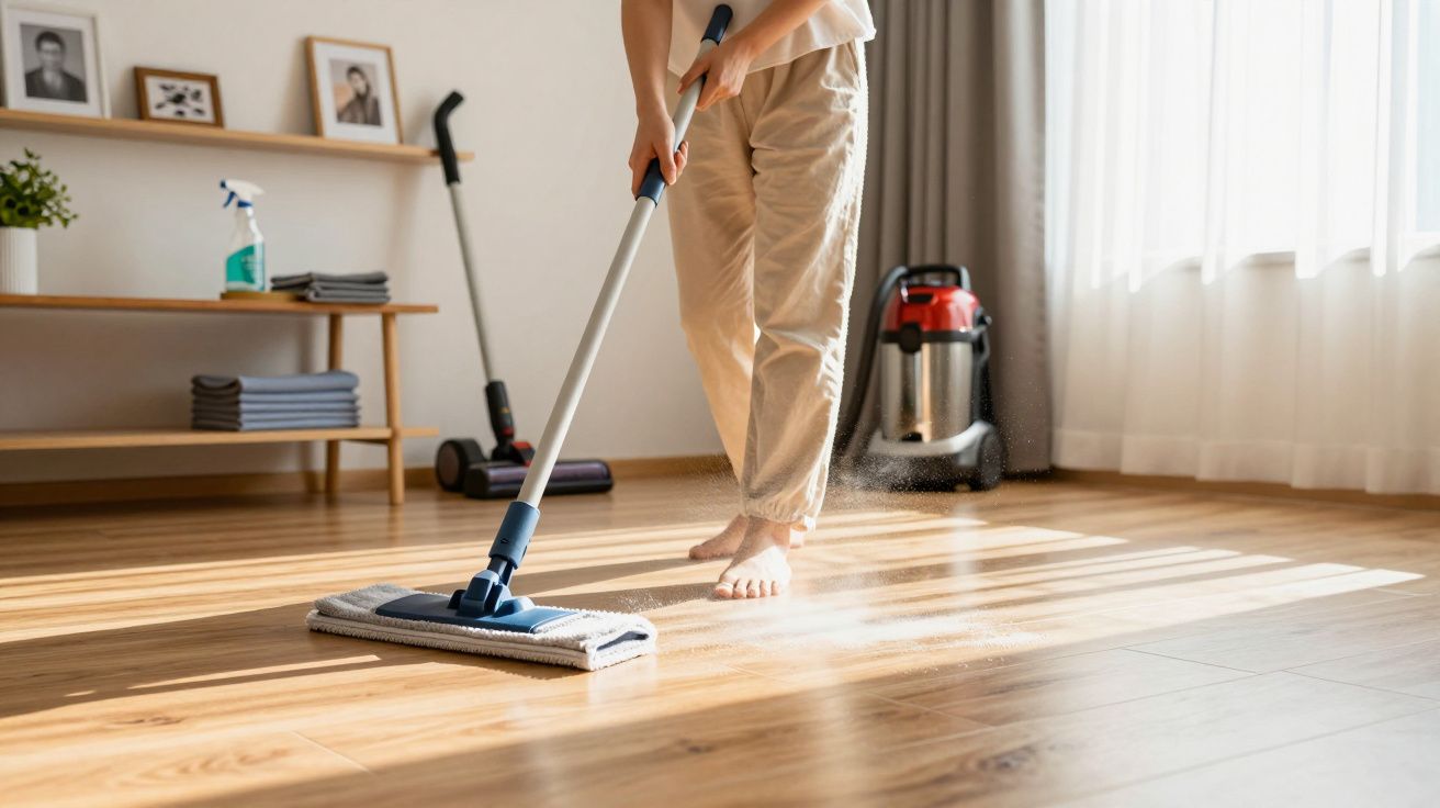 Pessoa a limpar chão de madeira com esfregona num interior luminoso e arrumado.