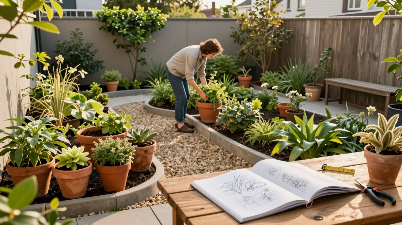 Mulher a cuidar de plantas num jardim com vasos de barro e livro de jardinagem aberto numa mesa de madeira.