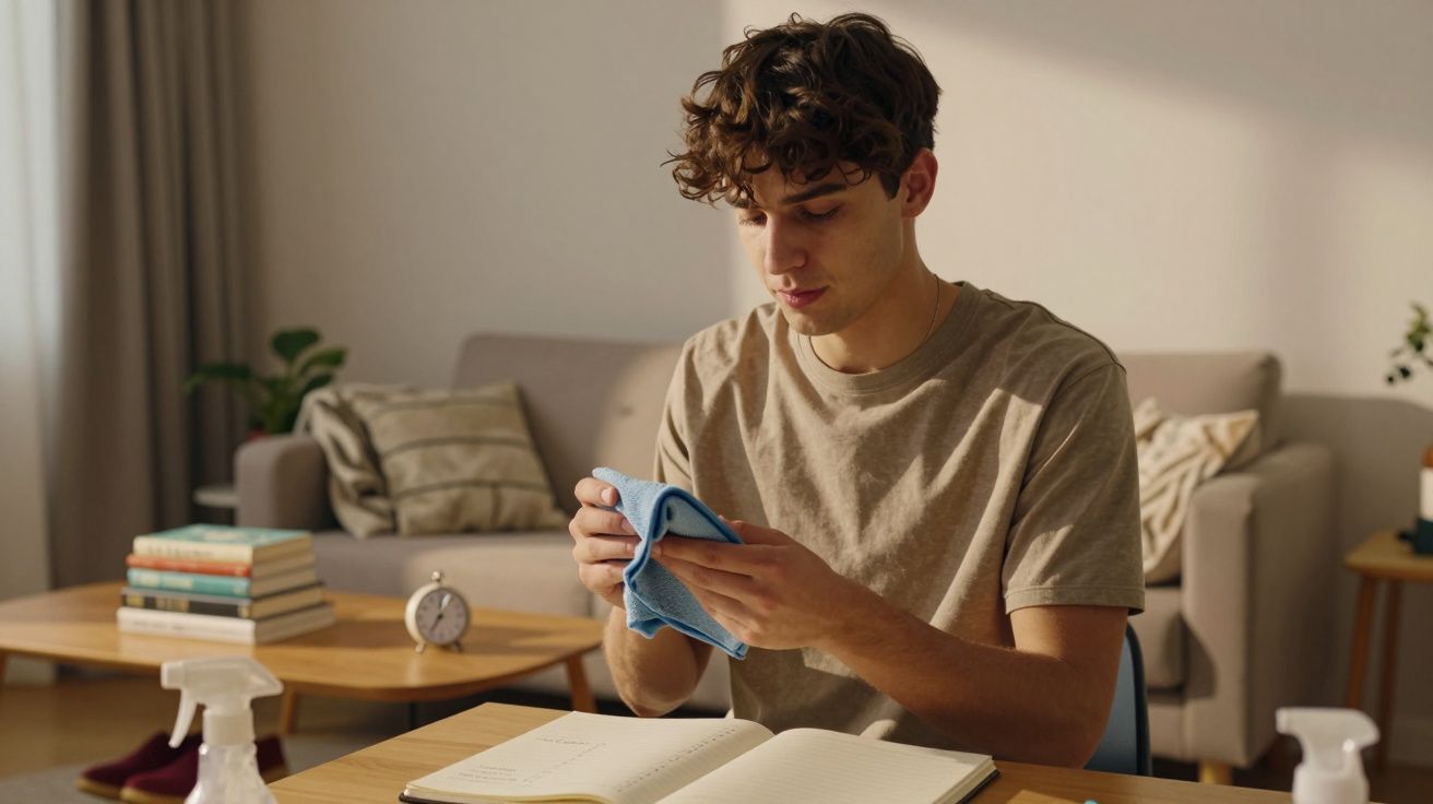 Jovem sentado a limpar óculos com um lenço azul numa sala de estar acolhedora e iluminada.