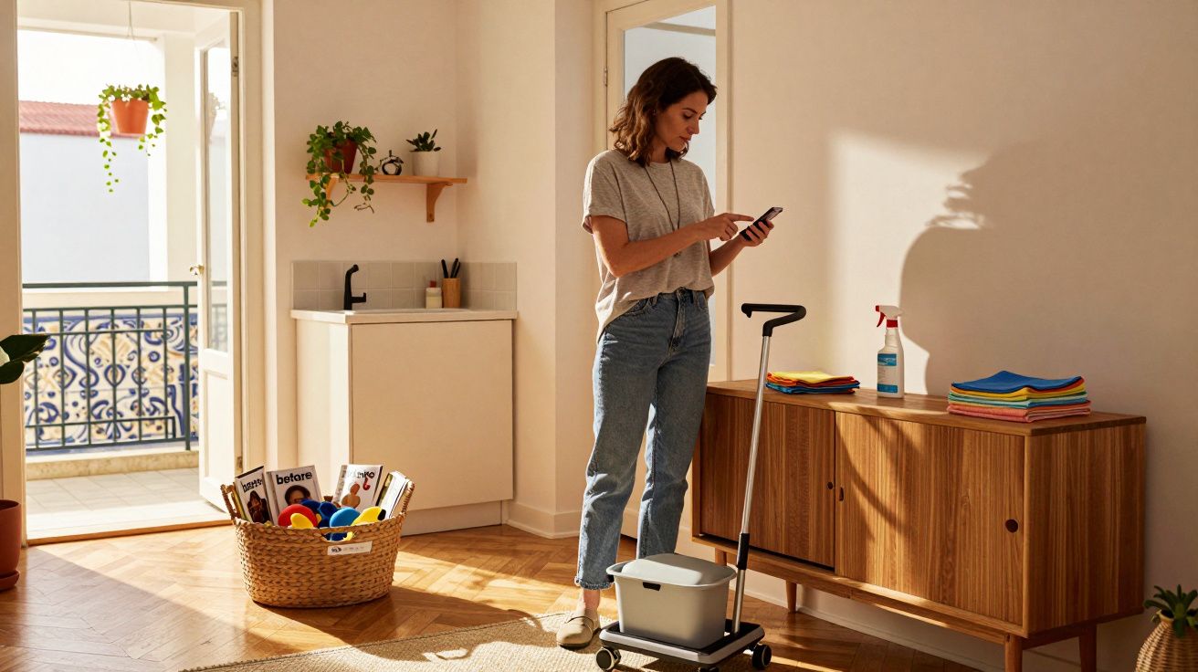 Mulher em sala iluminada, com esfregona, olhando para telemóvel, ao lado de cestos e móveis de madeira.