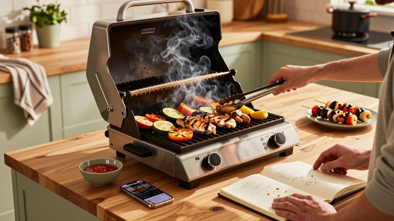 Pessoa a grelhar legumes e espetadas numa churrasqueira elétrica numa cozinha moderna, com livro de receitas aberto.