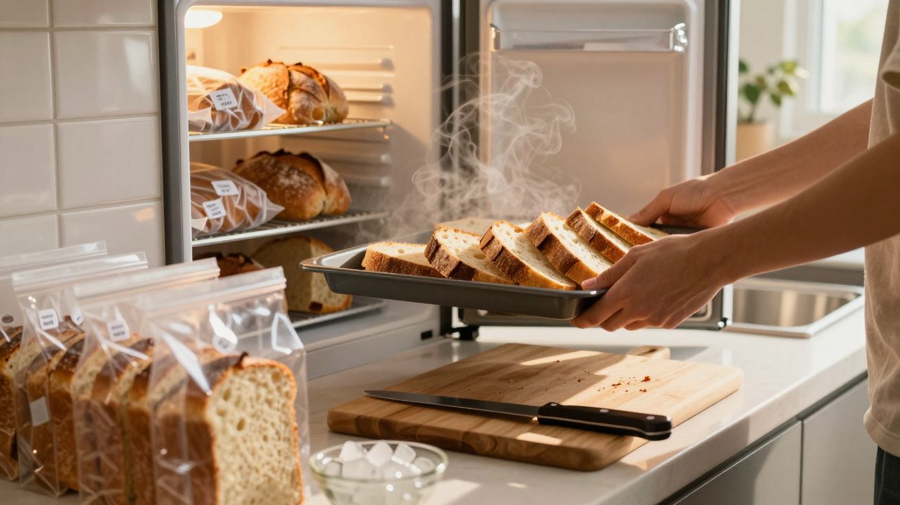Pessoa a retirar pão fatiado quente de tabuleiro na cozinha com vapor a sair do pão.