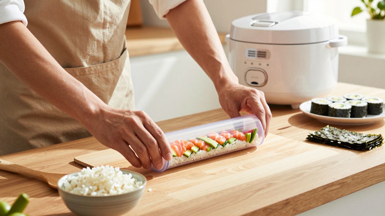 Pessoa a enrolar sushi com tapete de silicone numa cozinha iluminada, ao lado de uma panela de arroz e algas.