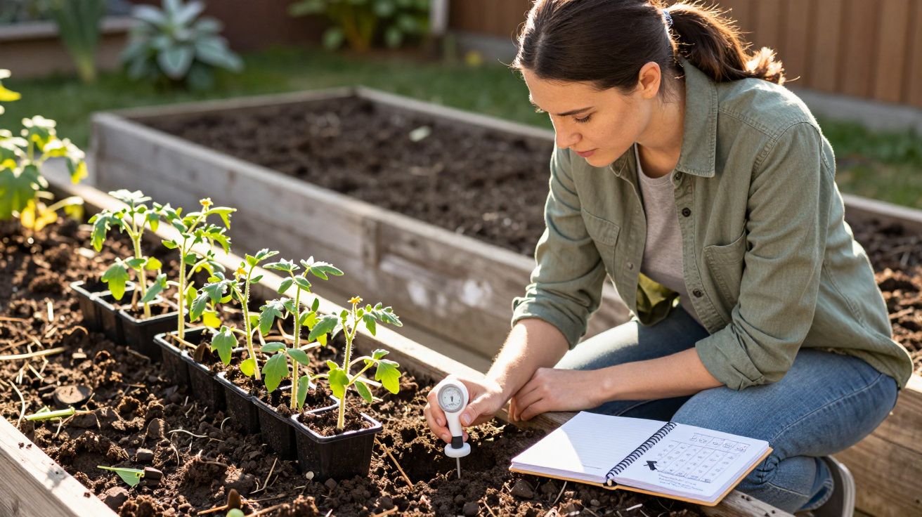 Mulher verifica a humidade do solo em plantas jovens num canteiro elevado de jardim caseiro.