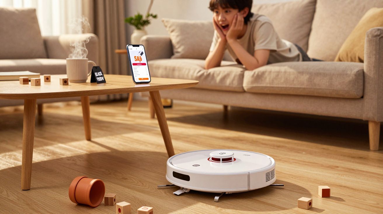 Menino observando fascinado um robot aspirador limpar brinquedos caídos no chão da sala.