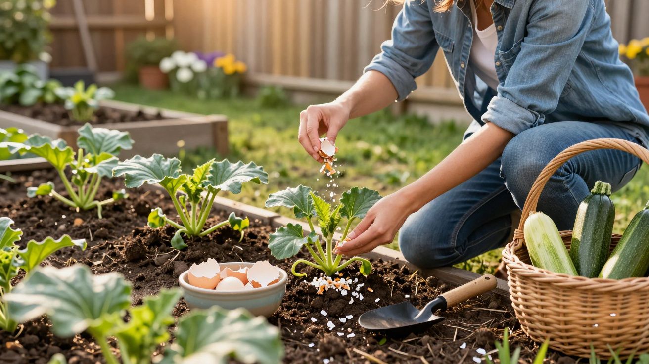 Pessoa a fertilizar plantas com cascas de ovos num canteiro de jardim ao ar livre.