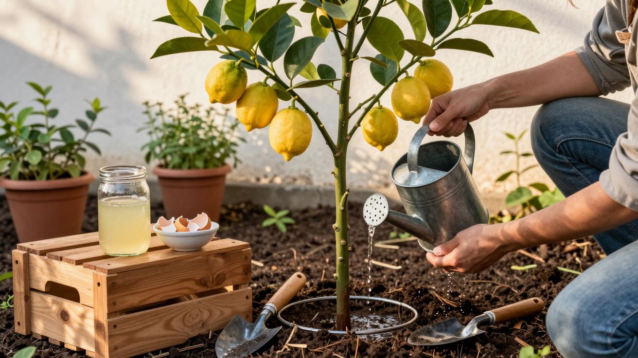 Pessoa a regar uma árvore de limoeiro com limões amarelos maduros num jardim.
