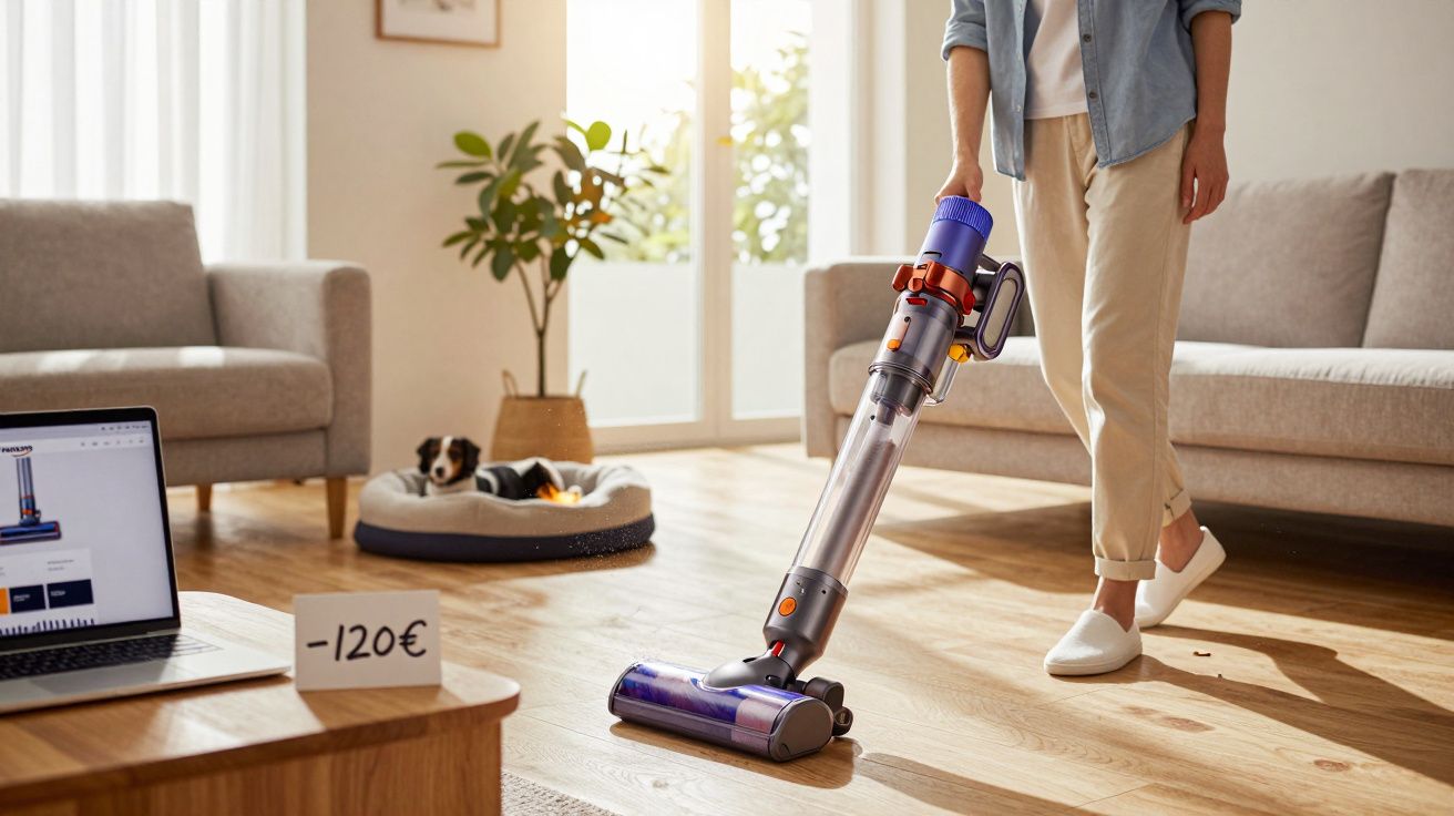 Pessoa a aspirar chão de madeira clara numa sala com sofá, portátil e cão numa cama para animais.