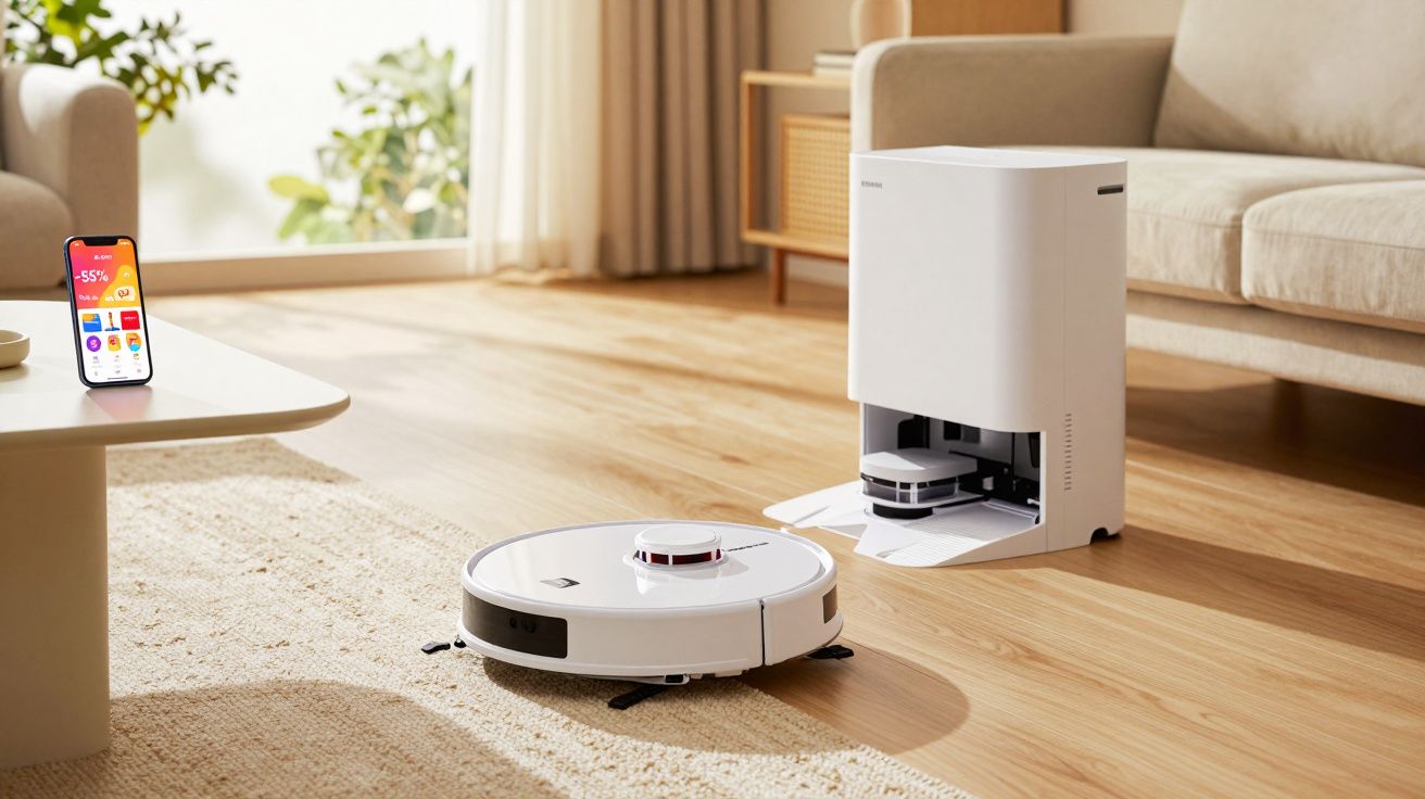 Robô aspirador branco numa sala de estar com chão de madeira, próximo da sua base de carregamento automática.