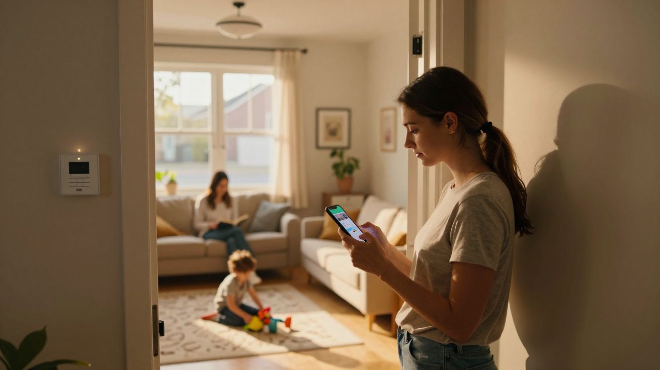 Mulher usa telemóvel enquanto criança brinca com blocos e outra mulher lê no sofá numa sala iluminada.
