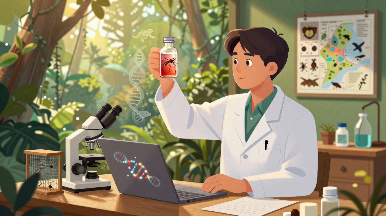 Cientista em laboratório na natureza a estudar uma amostra de inseto com microscópio e computador.