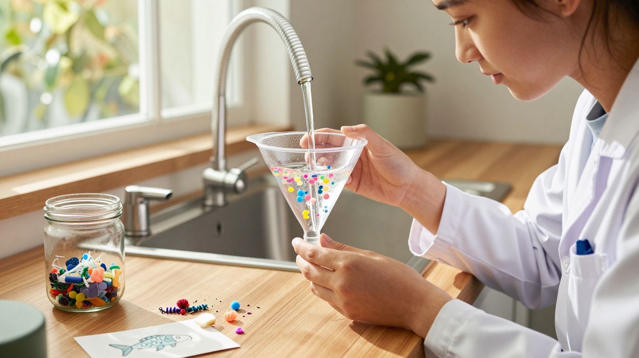 Pessoa a encher funil de plástico com água numa cozinha luminosa, com jarro de objetos coloridos na bancada.