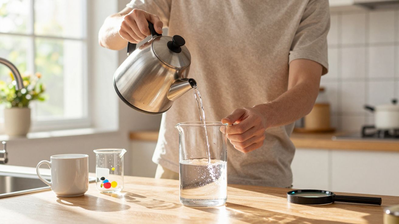 Pessoa a verter água quente de um bule metálico para um copo num ambiente de cozinha iluminado.