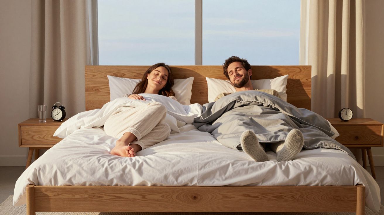 Casal sorridente deitado na cama com roupa confortável em quarto iluminado pela manhã.