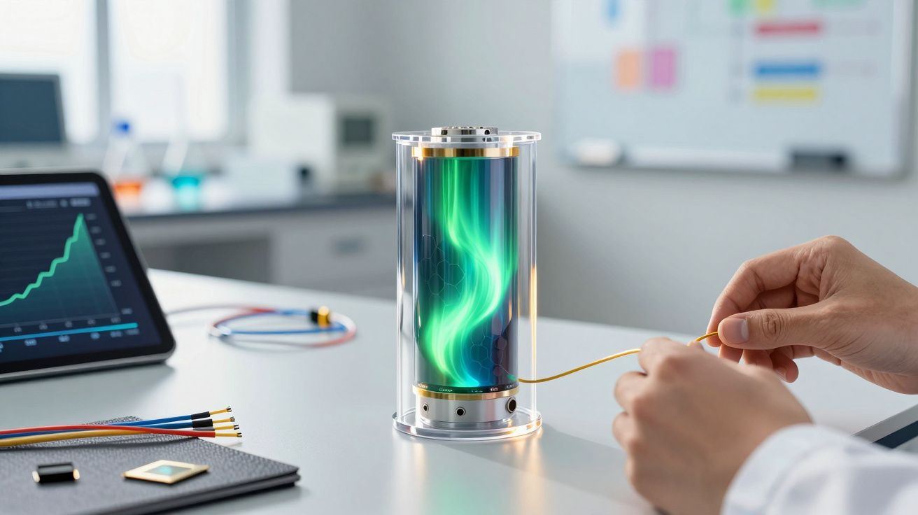 Mãos manipulam fios elétricos junto a dispositivo cilíndrico transparente emitindo luz verde numa mesa de trabalho tecnológic