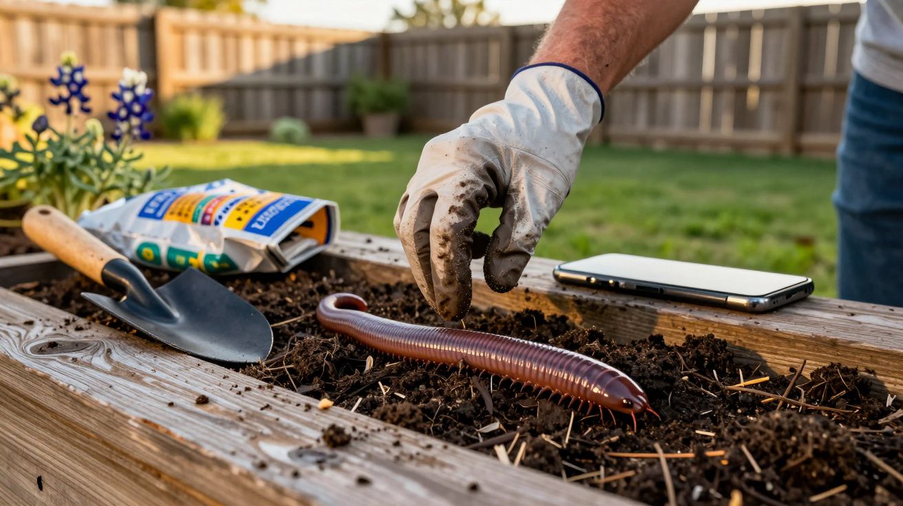 Mão com luva branca a segurar minhoca gigante num canteiro de madeira com terra, pá e telefone ao lado.