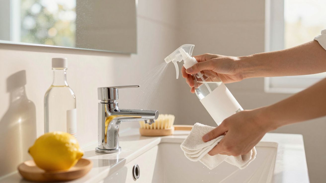 Mãos a limpar torneira de casa de banho com spray e pano branco, limão e escova ao fundo.