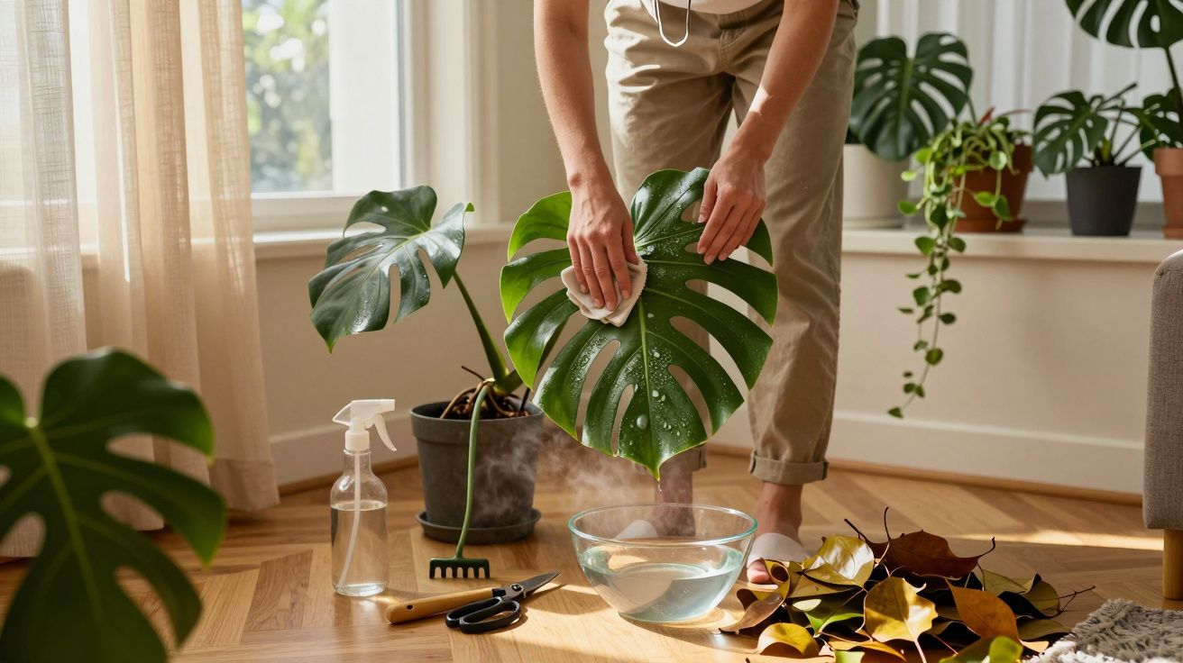 Pessoa cuida de plantas em ambiente interior, limpando folha grande de costela-de-adão com pano húmido.
