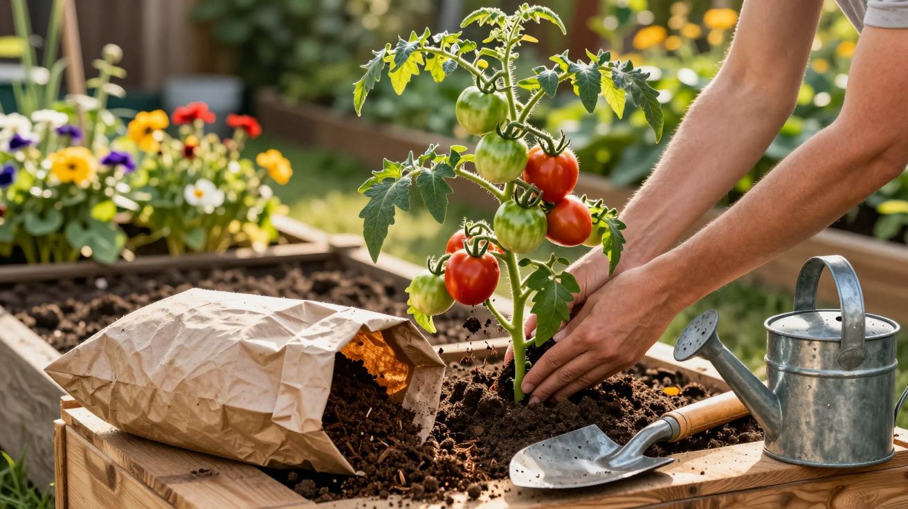 Pessoa a plantar tomateiras num jardim elevado com terra, regador e saco de composto ao lado.