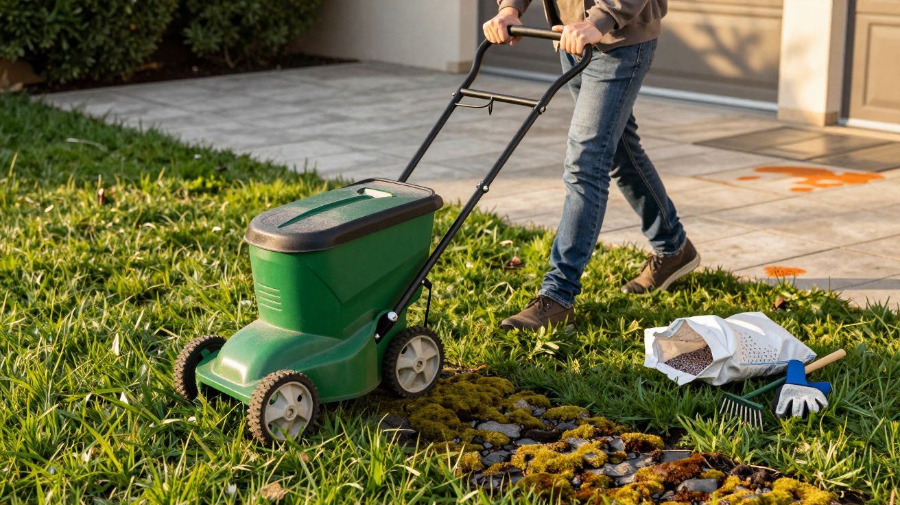 Pessoa a aplicar sementes no relvado com sementeira manual verde num jardim residencial.