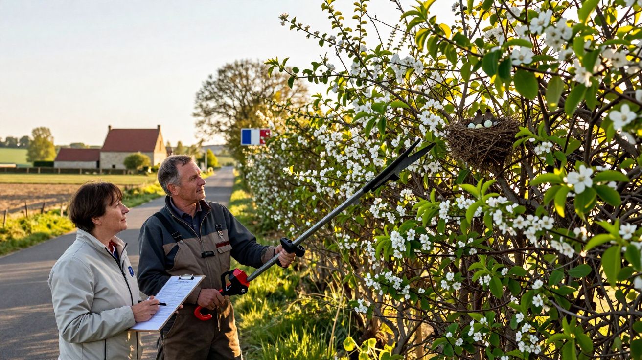 Duas pessoas observam um ninho com ovos numa sebe florida perto de uma estrada rural.