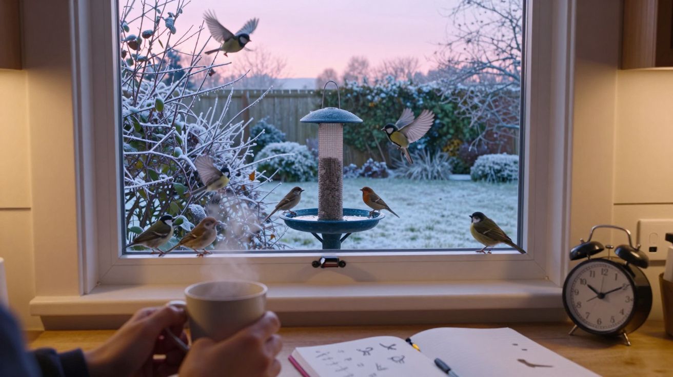 Vista de um alimentador de pássaros com vários pássaros junto a uma janela, mãos a segurar uma chávena e caderno aberto.