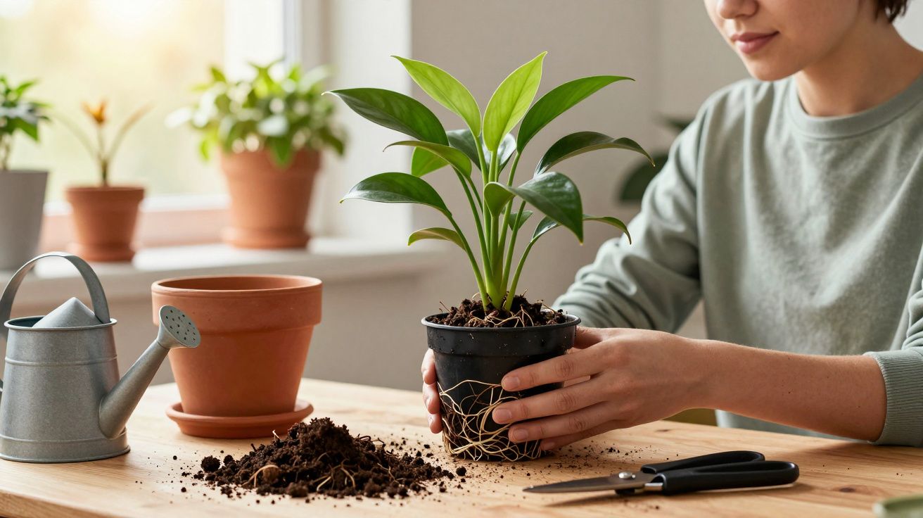Pessoa a transplantar planta em vaso, com terra, regador e tesoura num ambiente interior iluminado.