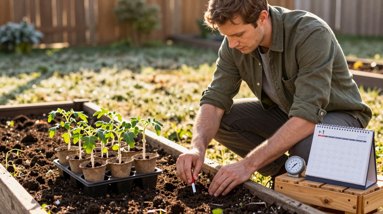 Homem a plantar sementes numa horta elevada com pequenas plantas e calendário perto do relógio.