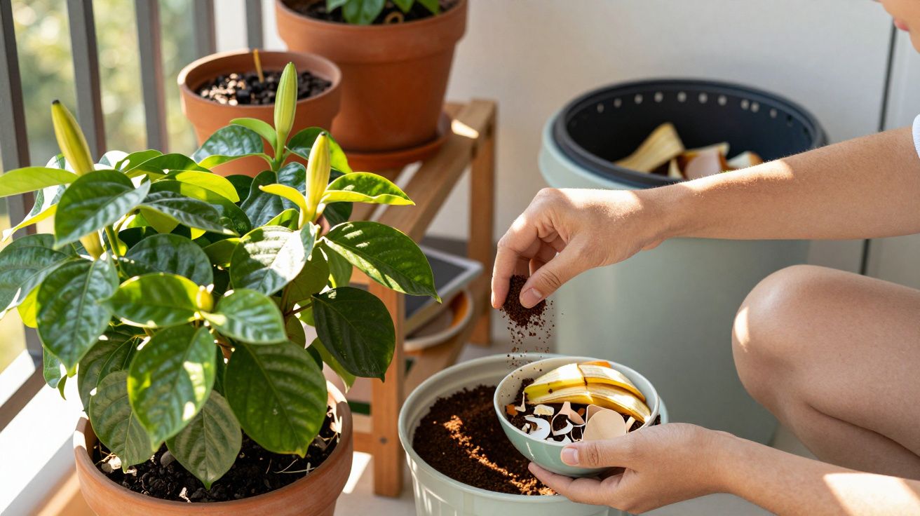 Pessoa a adicionar borra de café em vaso para nutrir plantas em varanda ensolarada.