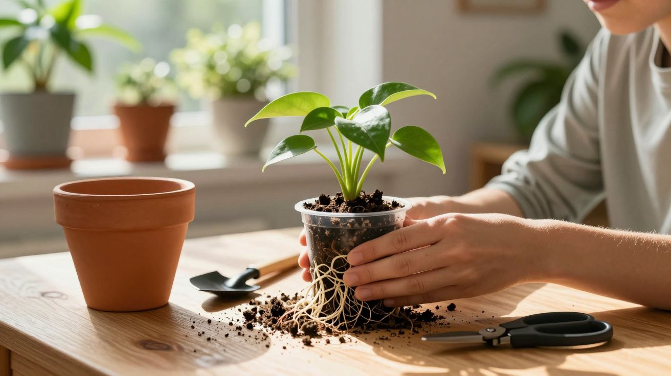 Pessoa a transplantar planta jovem para vaso de barro numa mesa com ferramentas de jardinagem.