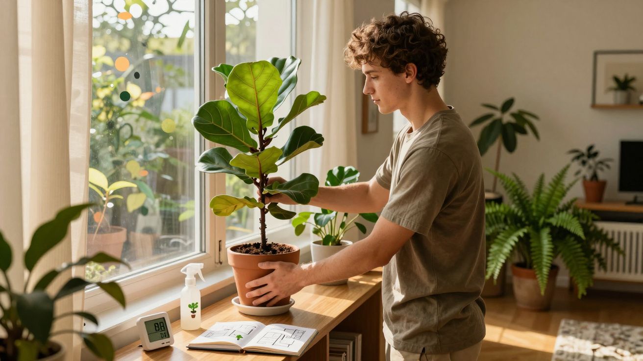 Jovem cuida de planta de folha larga junto à janela numa sala iluminada com várias plantas verdes.