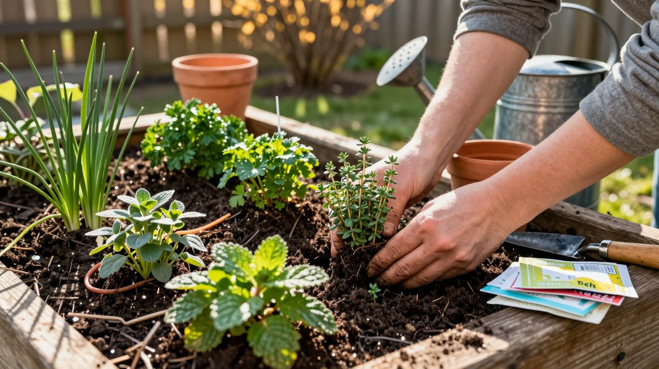 Pessoa a plantar ervas aromáticas numa pequena horta de madeira ao ar livre durante o dia.