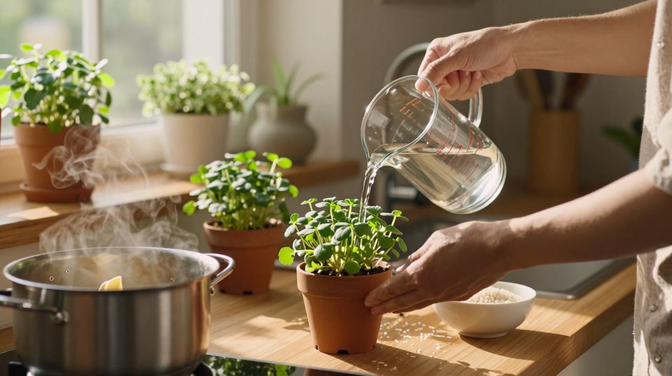 Mãos a regar planta em vaso na cozinha, com panela a ferver e vários vasos com plantas no fundo.