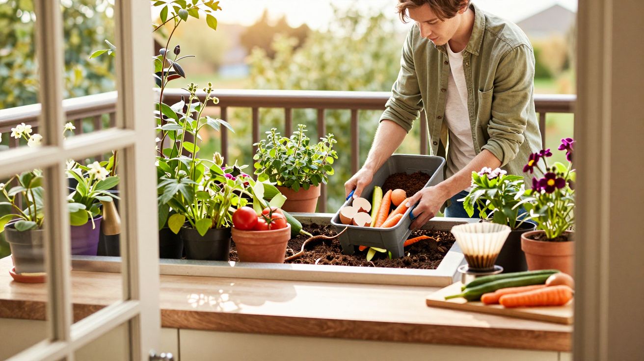 Pessoa a colher legumes frescos numa horta urbana, rodeada de plantas em vasos no varandim.