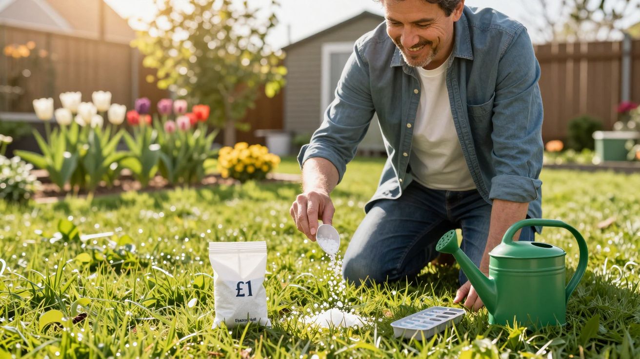 Homem a aplicar fertilizante no relvado de jardim com flores coloridas ao fundo.