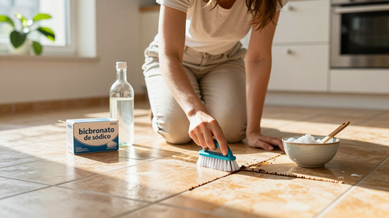 Pessoa a limpar juntas do chão de azulejo numa cozinha com escova, bicarbonato de sódio e água.