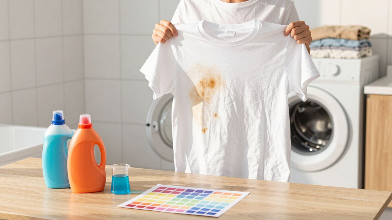 Pessoa a mostrar uma t-shirt branca com nódoa castanha, perto de detergentes e máquina de lavar roupa.