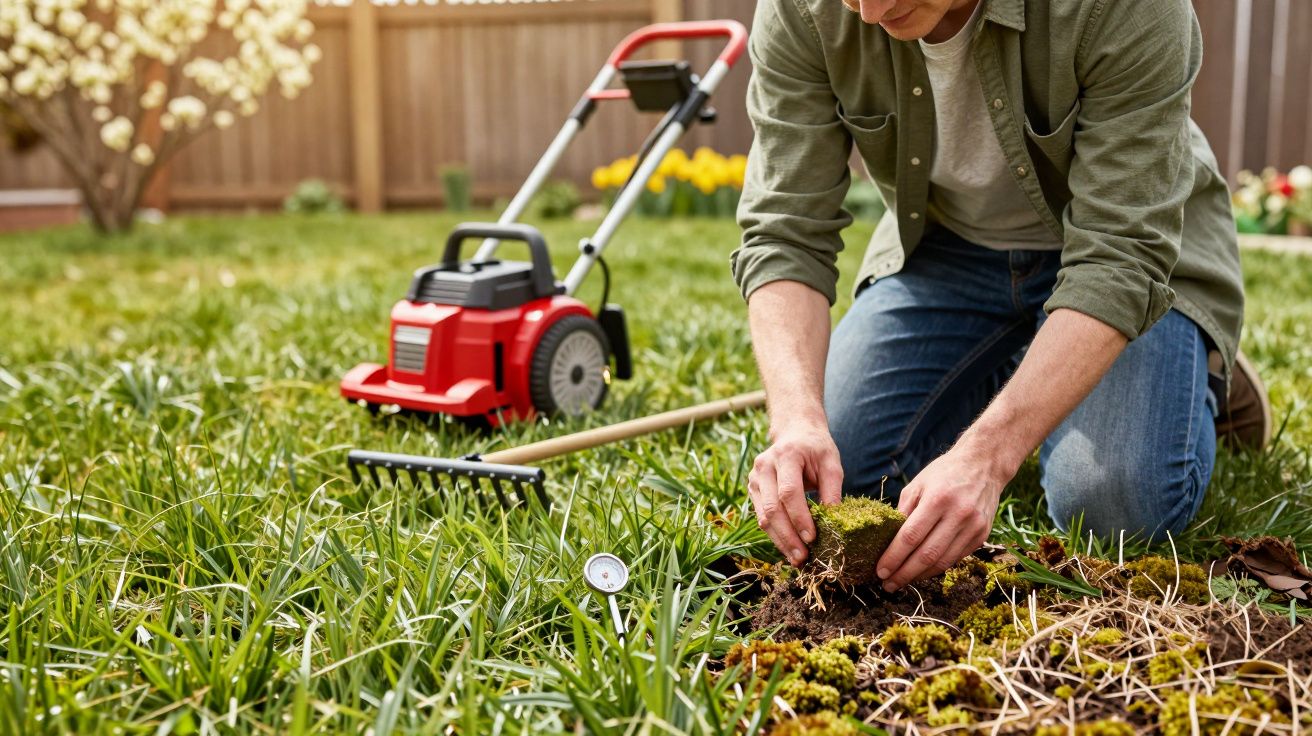 Homem ajoelhado no jardim a remover musgo da relva, com cortador de relva e ancinho ao fundo.