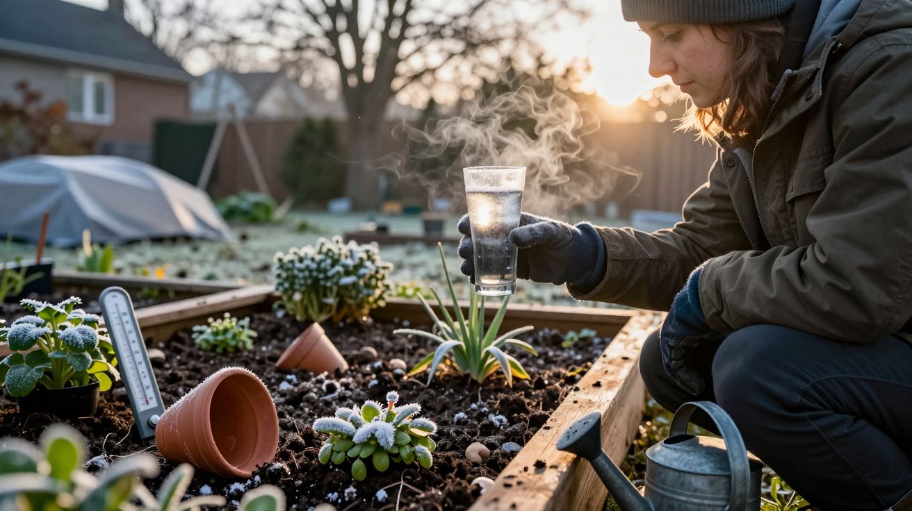 Pessoa rega plantas num canteiro elevado numa manhã fria, segurando copo de água quente a fumegar.